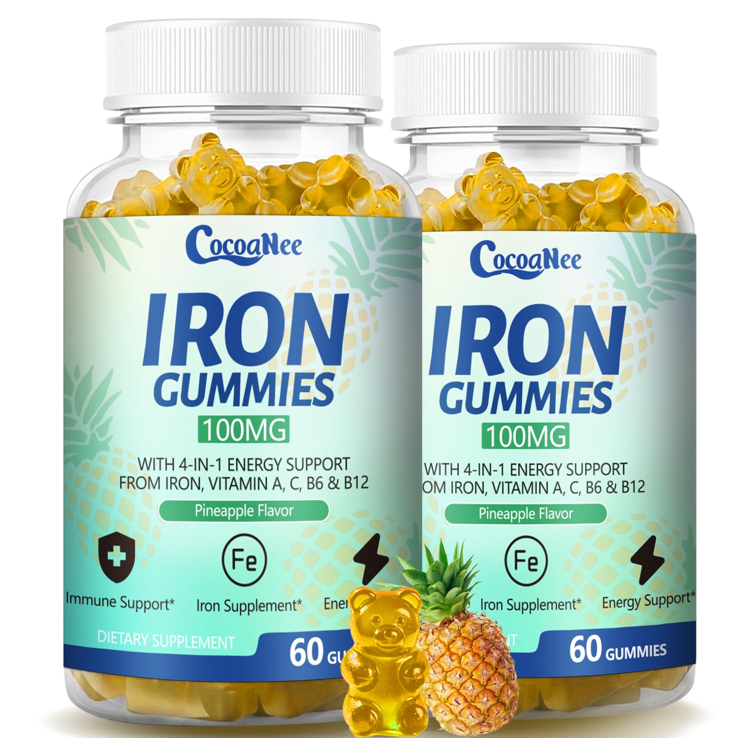 CocoaNee Iron Gummies with Vitamin C, A, B12, Folate, Zinc, 120 Gummies