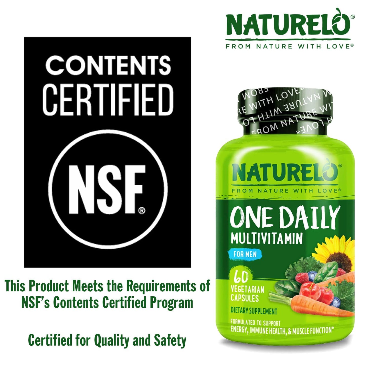 NATURELO Men's Multivitamin One Daily Multivitamin for Men with Vitamins, Minerals & Organic Whole Foods, Boost Energy & Health, Non-GMO, 60 Vegetarian Capsules