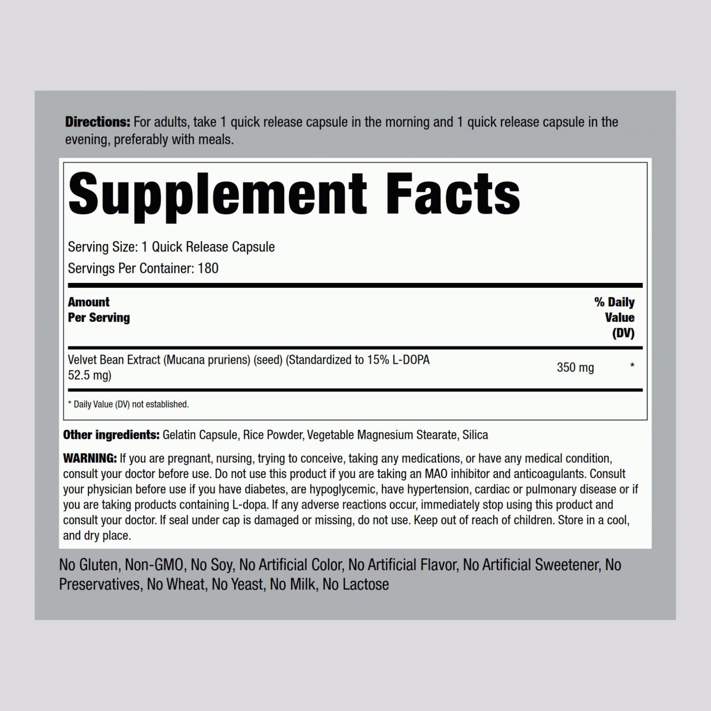 Piping Rock DOPA Mucuna Capsule, 180 Count