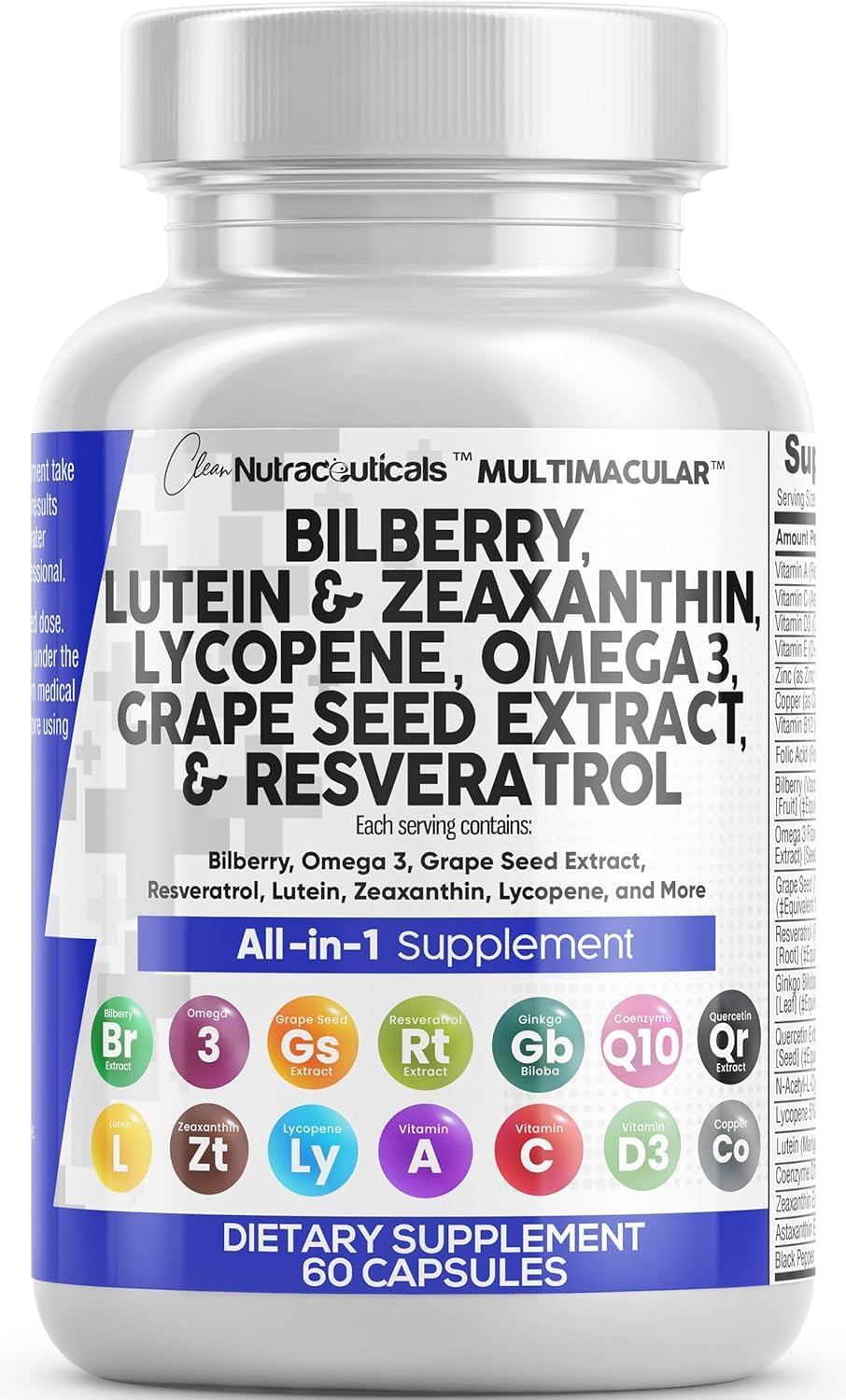 Clean Nutraceuticals Eye Vitamins with Bilberry, Lutein & Zeaxanthin Capsules, 60 Count