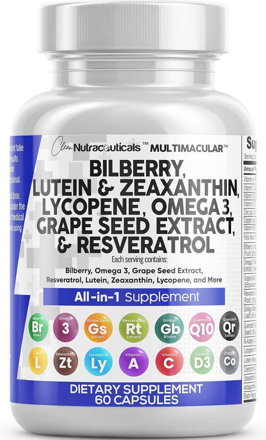 Clean Nutraceuticals Eye Vitamins with Bilberry, Lutein & Zeaxanthin, Lycopene, Resveratrol, Grape Seed & Astaxanthin Eye Care Health Support, 60 Capsules