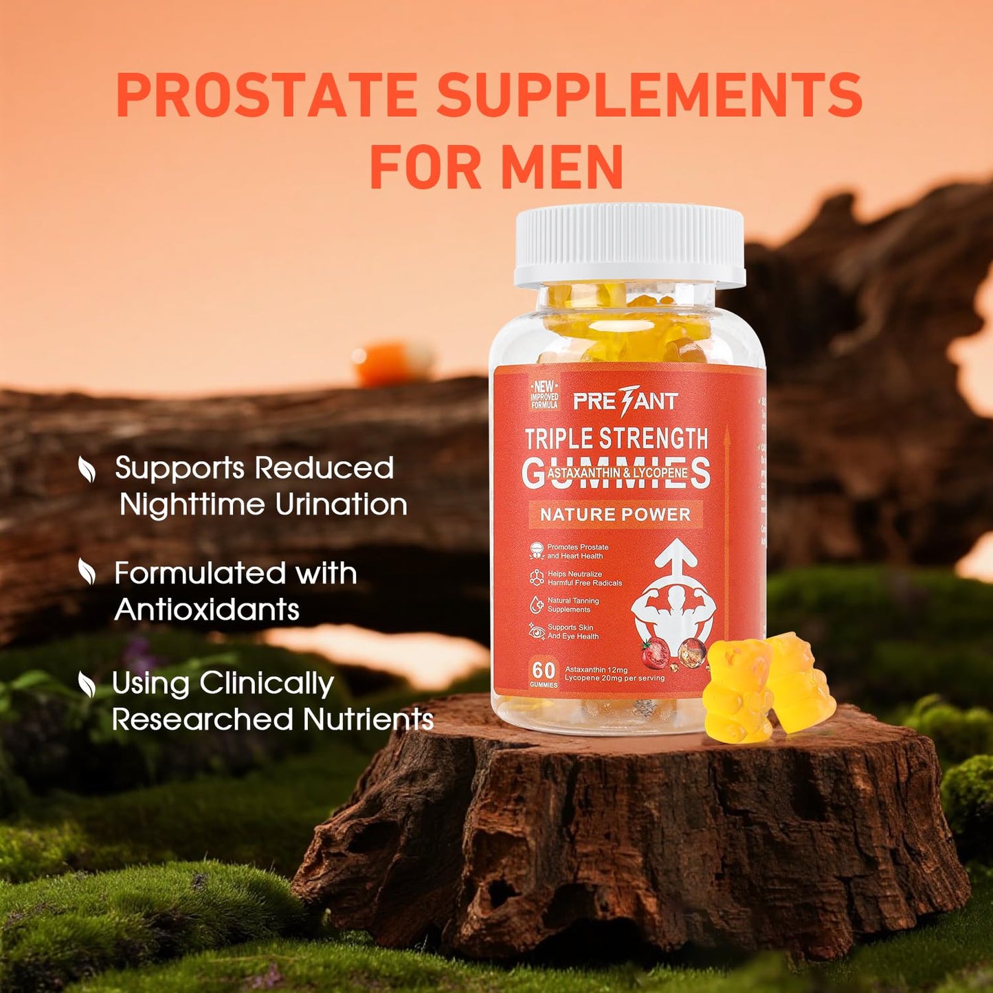 PRETANT Prostate Health Supplements for Men, Astaxanthin + Lycopene Gummies, 5 Ounce