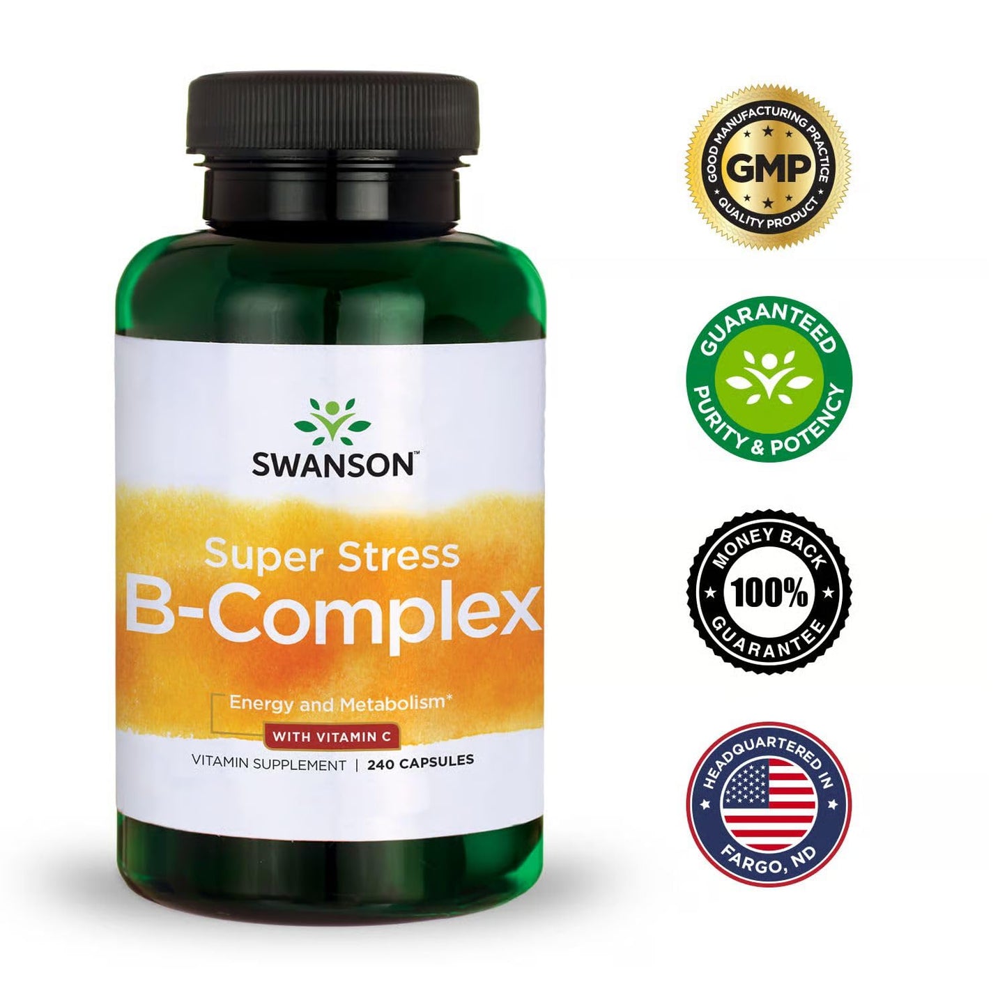 Swanson Super Stress B-Complex Energy and Wellness Supplement for Busy Adults Seeking Daily Vitamin B Support, 480 Capsules
