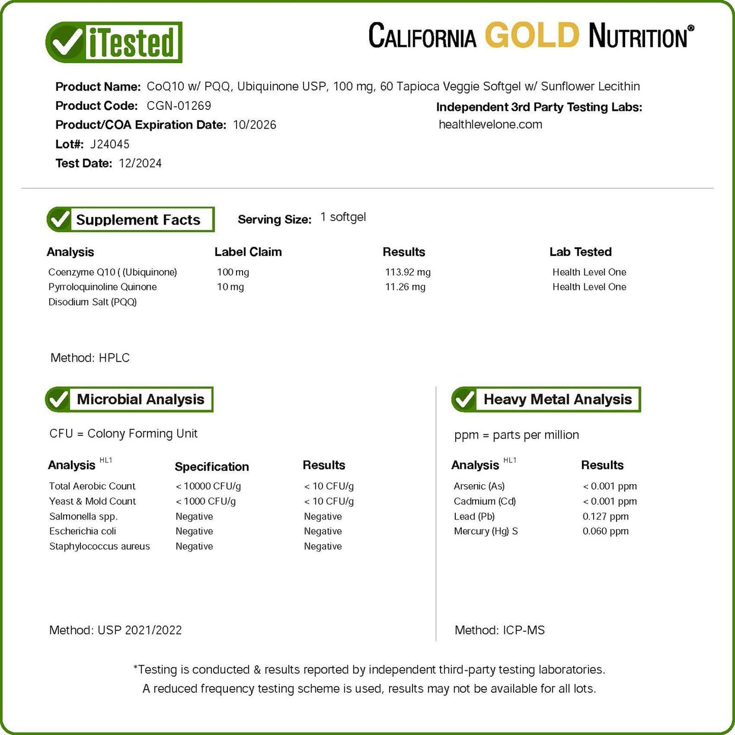 California Gold Nutrition CoQ10 with PQQ, Ubiquinone USP, Tapioca Veggie Softgels, 100 mg, 60 Softgels