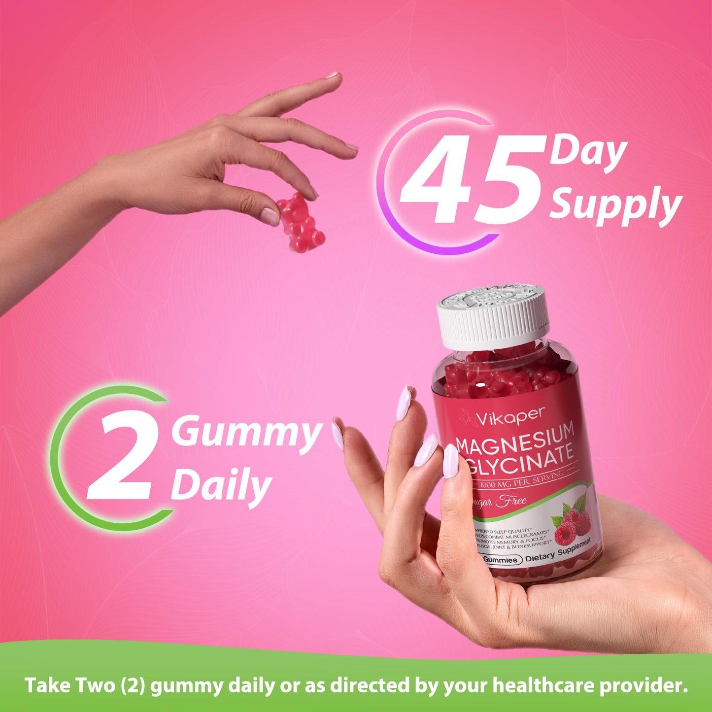 VIKAPER Magnesium Glycinate Gummies 1000mg Sugar Free, High Absorption Magnesium with Vitamin D3, B6, CoQ10 & Calcium - Vegan Raspberry, 90 Gummies