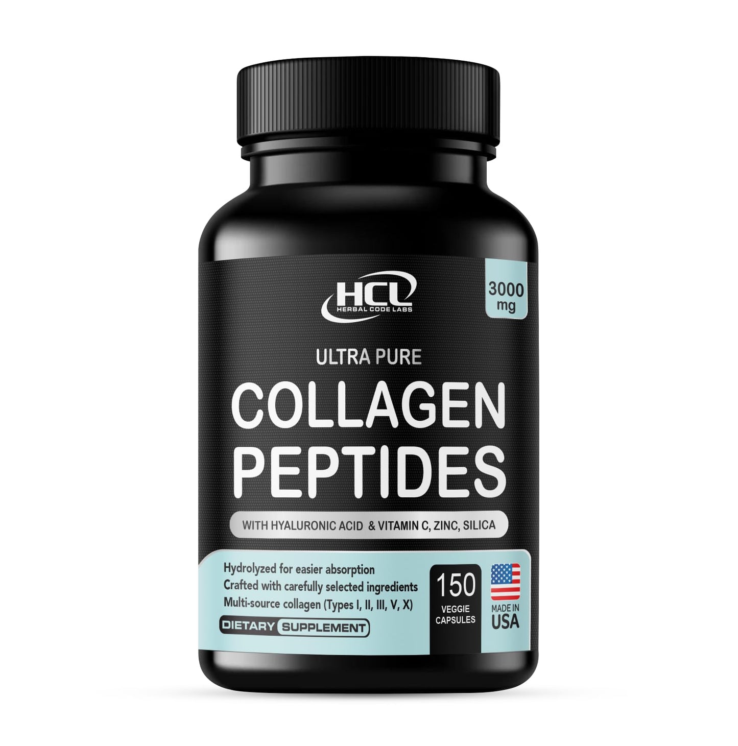 HCL Herbal Code Labs Collagen Peptides Powder with Vitamin C & Hyaluronic Acid, Hydrolyzed Multi-Type I, II, III, V, X Skin Hair Supplement, 1 Ounce