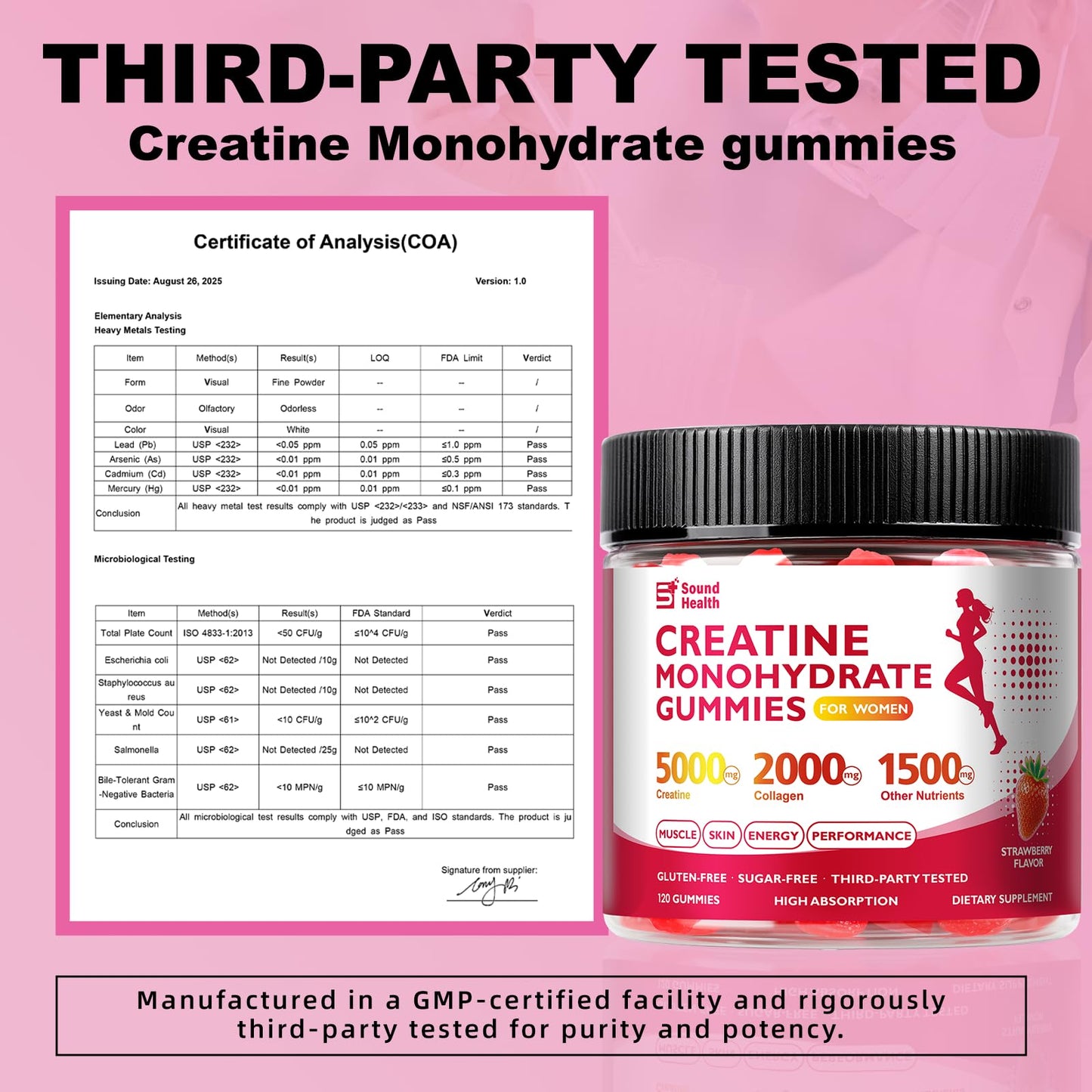 Sound Health Organic 12 in 1 Creatine Gummies, Strawberry Flavor, 120 Count