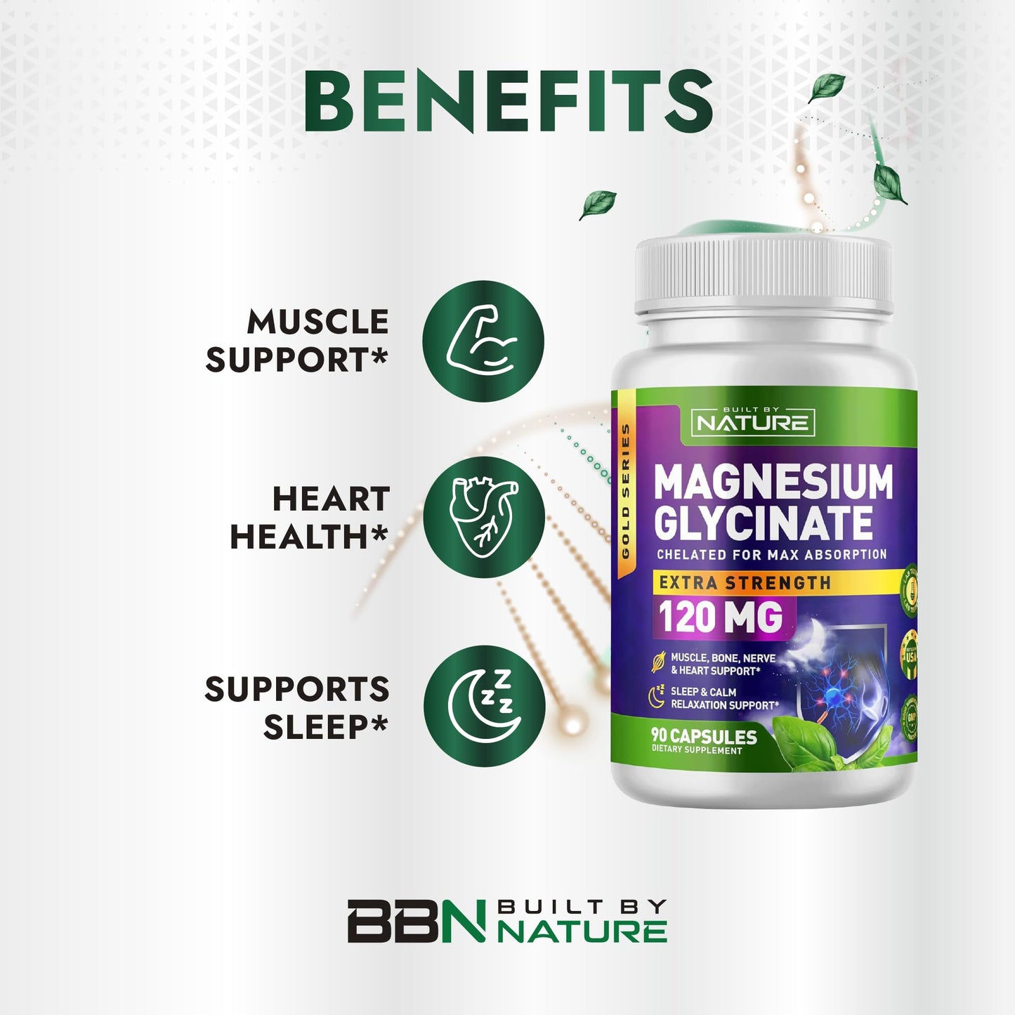 Built By Nature Magnesium Glycinate Chelated for High Absorption Capsules, 90 Capsules