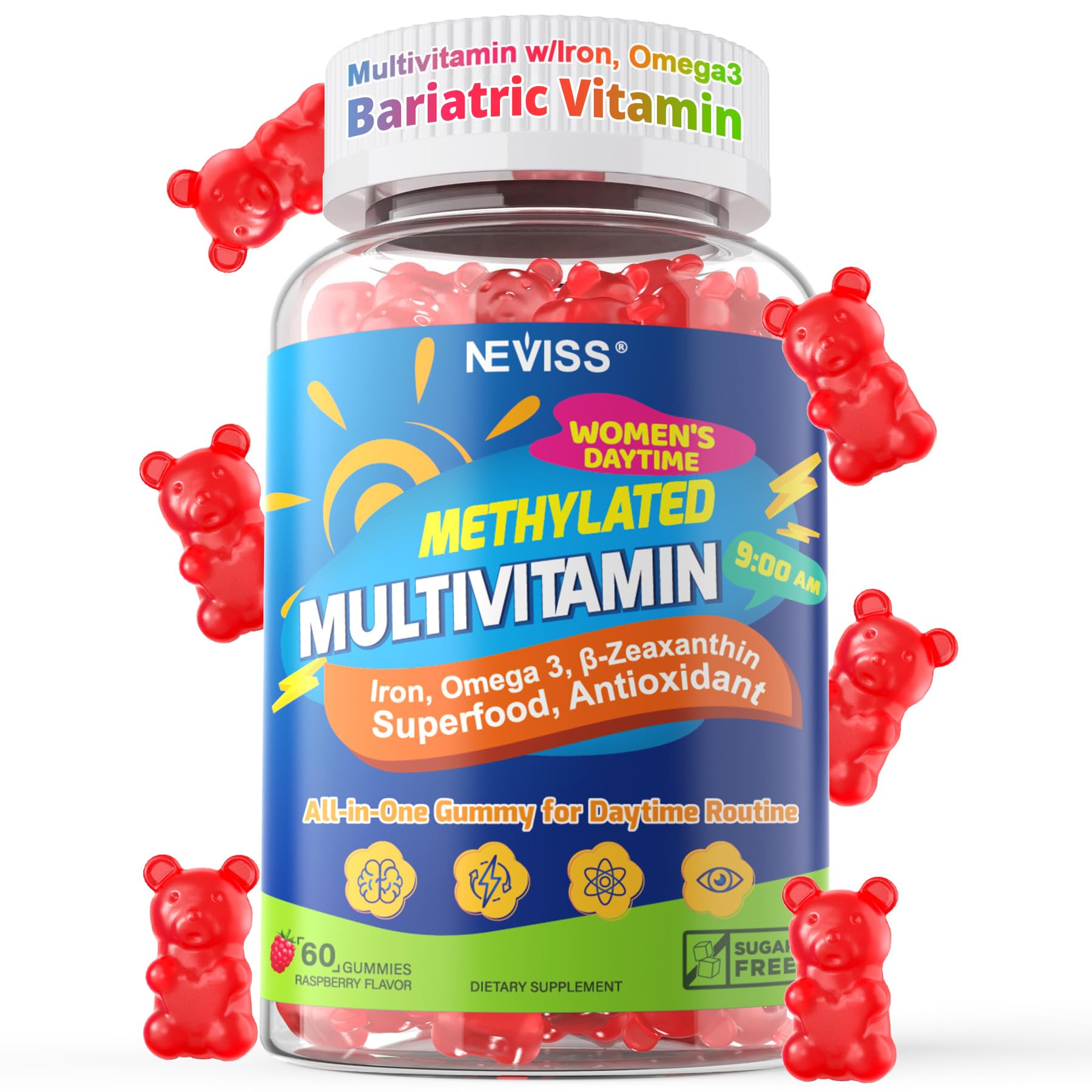 NEVISS Methylated Multivitamin Gummies for Women, Bariatric Multivitamin with Iron, Omega-3, B6, Folate, B12, Inositol, Daily Vitamin Gummy ALA Beet Root Astaxanthin, 60 Gummies