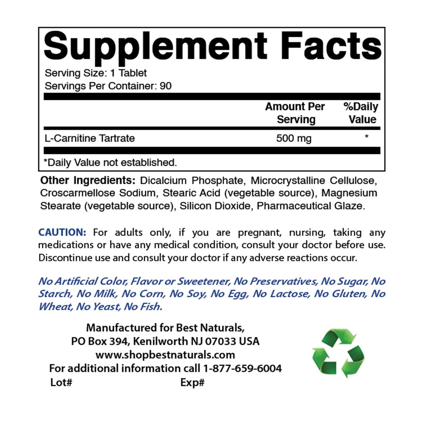 Best Naturals L-Carnitine Tartrate 500 mg, 90 Tablets