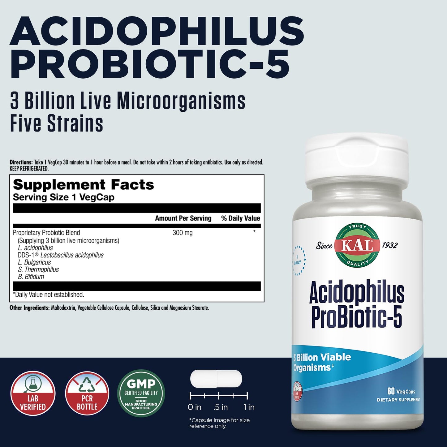 KAL Acidophilus Probiotic-5 Capsule, 60 Count