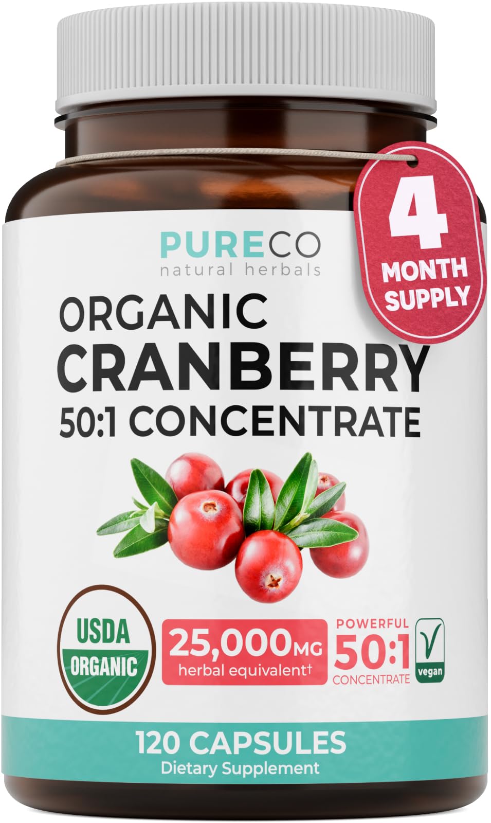 PURE CO Organic Cranberry Pills for Women 500mg Cranberry Concentrate Capsules, 120 Count