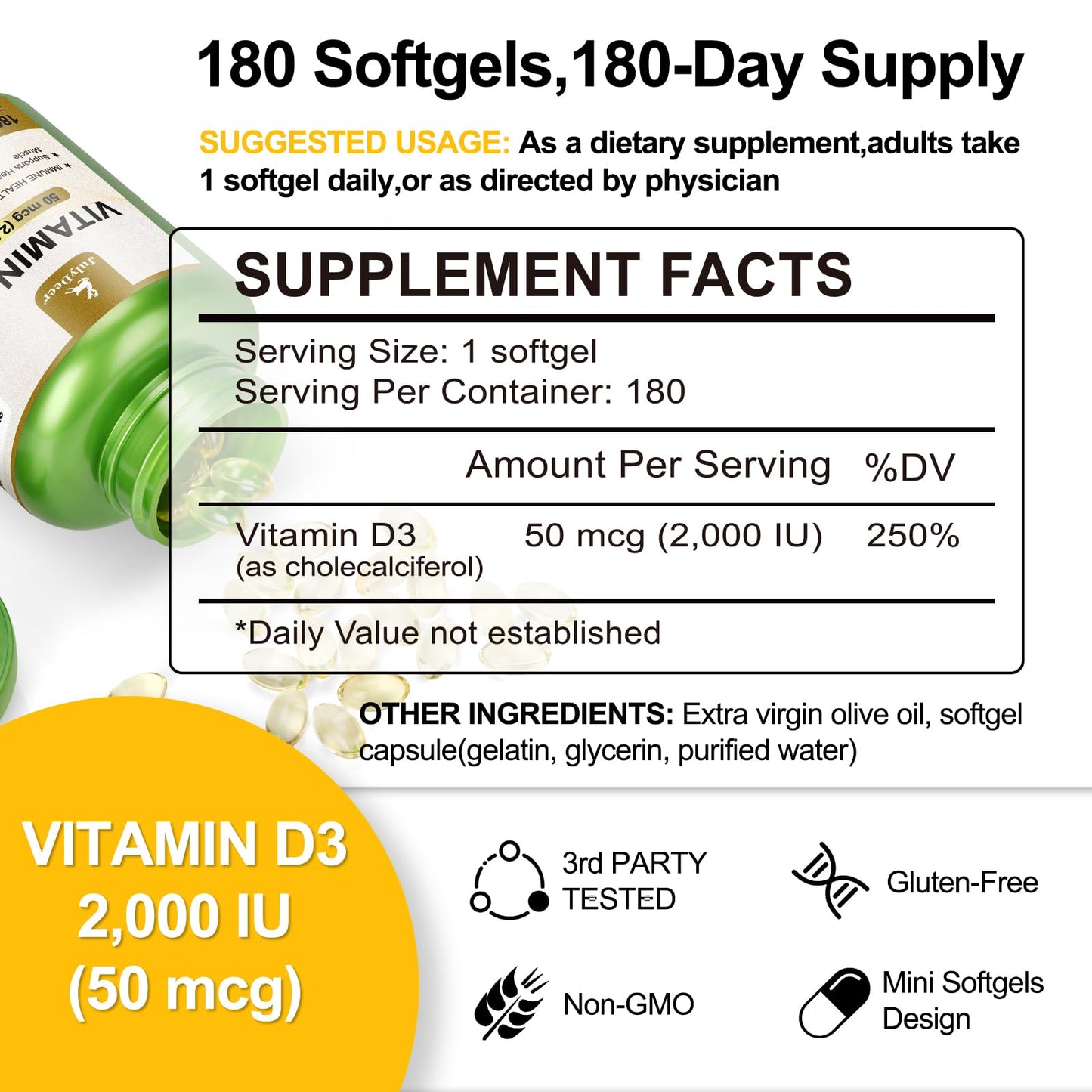 JulyDeer Vitamin D3 2000 IU (50 mcg) Softgels, 180 Count