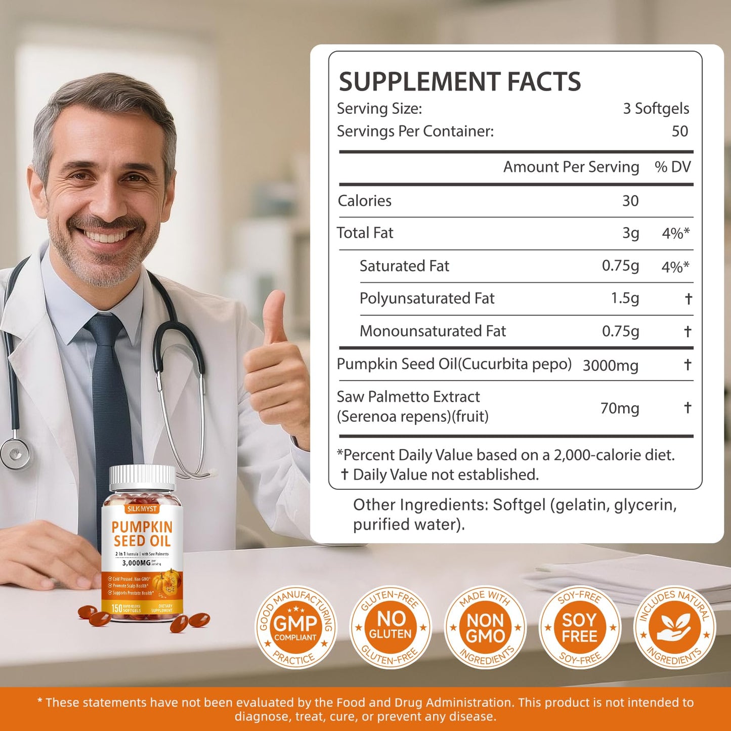 SILKMYST Pumpkin Seed Oil with Saw Palmetto Softgels, 150 Count