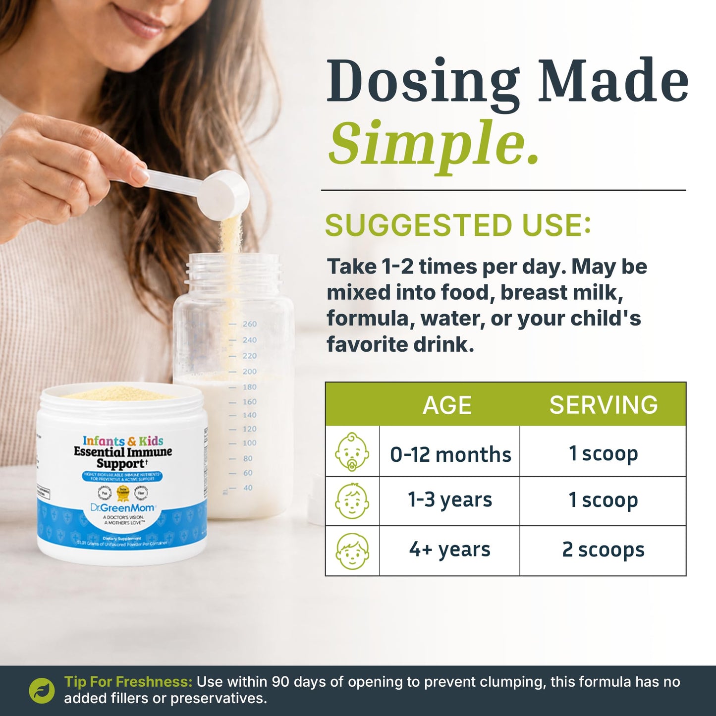 Dr. Green Mom Essential Immune Support for Kids Multivitamin with Probiotic, Zinc, Vitamin C, D3 & Quercetin Powder 1.79 oz