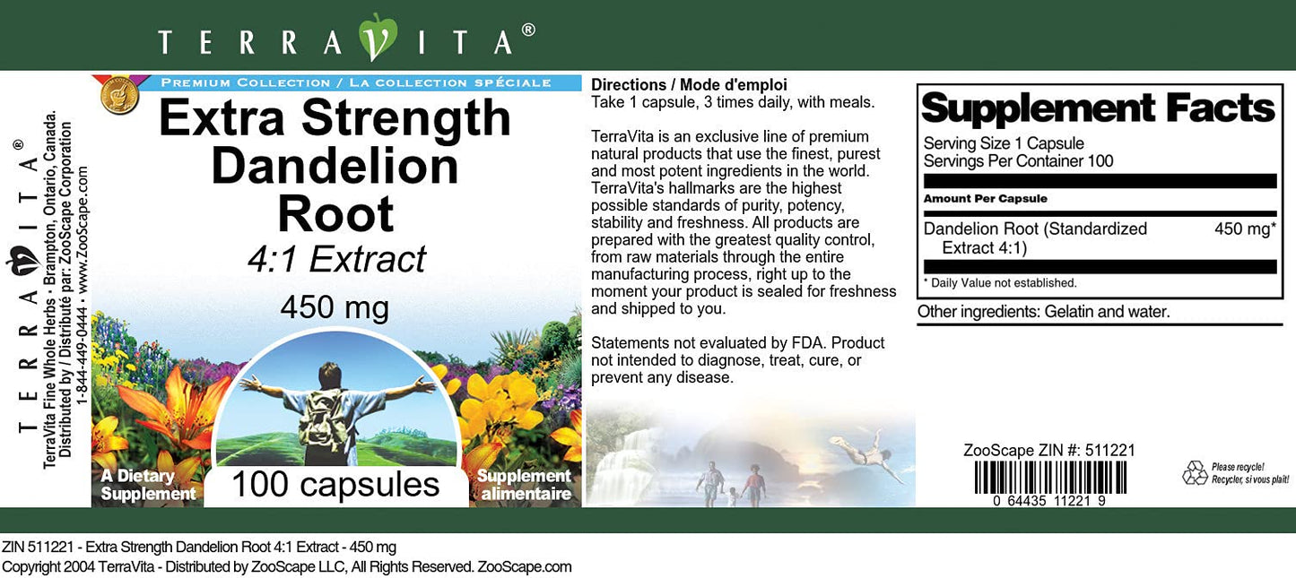 Terravita Extra Strength Dandelion Root 4:1 Extract 450 mg, 300 Capsules