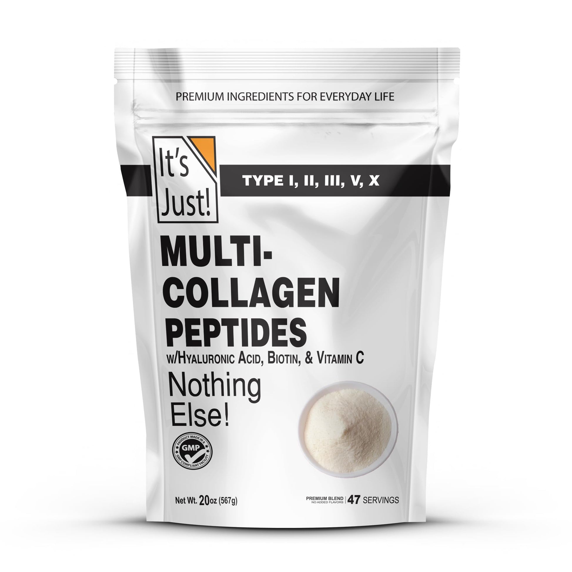 It's Just! Multi Collagen Peptides (Types I, II, III, V, X) with Vitamin C, Biotin, Hyaluronic Acid, Unflavored, No Added Flavor, Gluten Free, Non-GMO, Tested for Heavy Metals, Powder, 20 oz