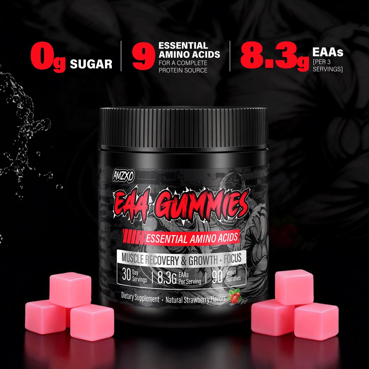 AMZXO EAA Gummies 2:1:1 BCAA Formula (8300mg) - Essential Amino Acids for Muscle Recovery & Endurance - Strawberry - 90 Count