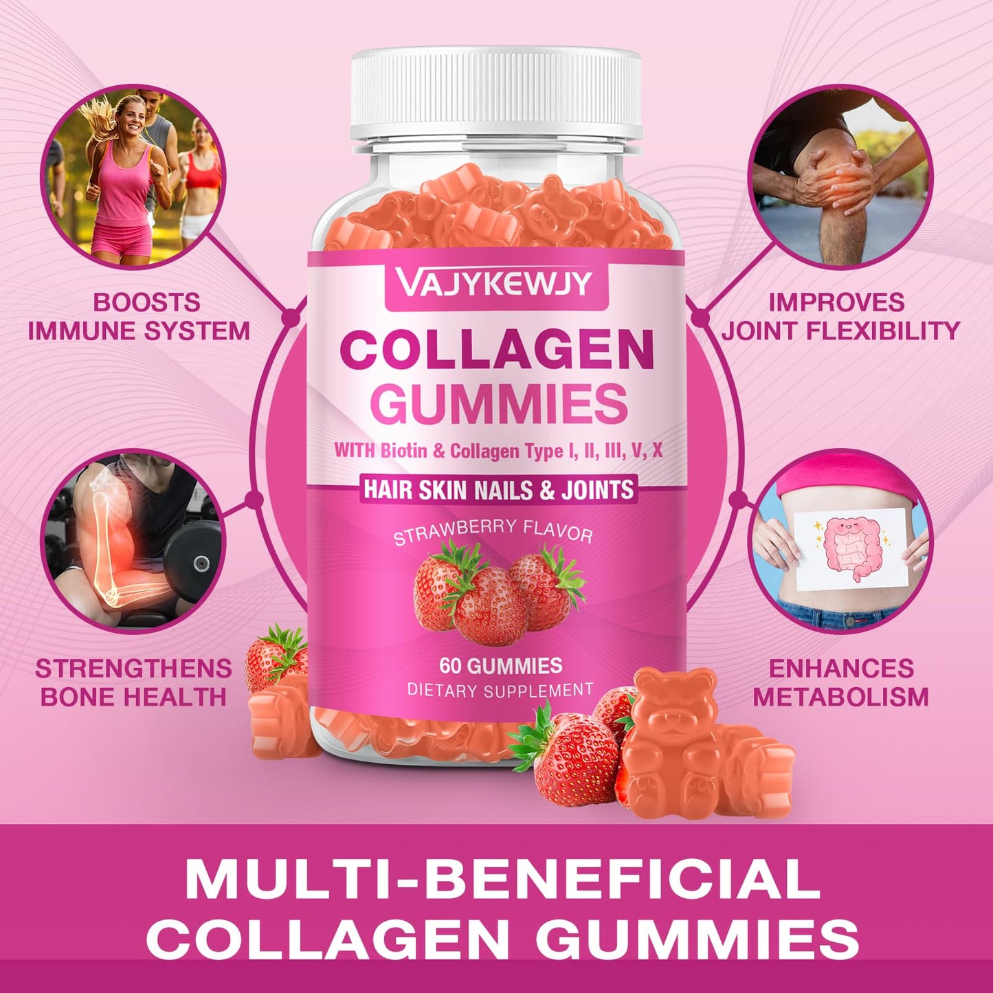 VAJYKEWJY Collagen Gummies for Women & Men with Biotin, Vitamin C & Zinc for Skin Radiance, Hair Growth, Strong Nails & Joint Support, 2-Pack