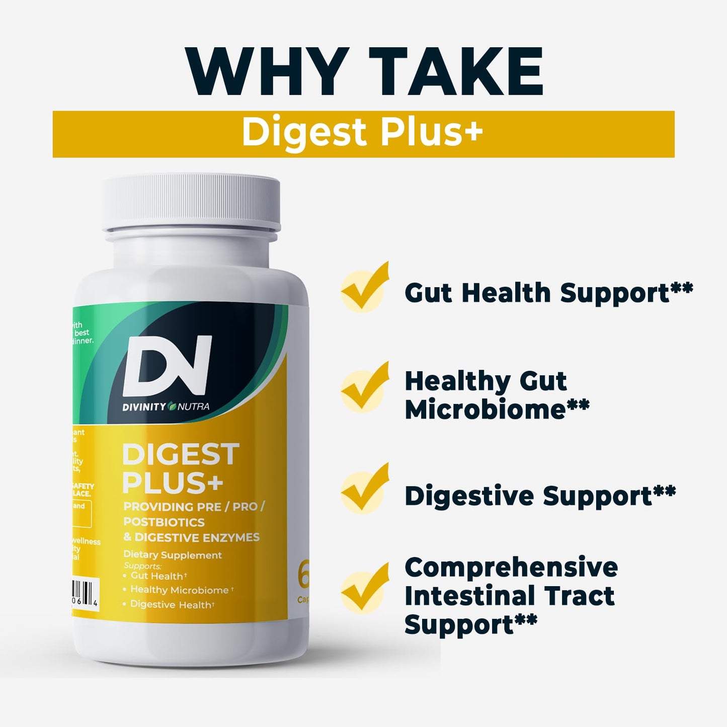 Divinity Nutra 4-in-1 Prebiotic Probiotic & Postbiotic for Women & Men, Complete Gut & Digestive Support Supplement, Pre Post Probiotics & Digestive Enzymes, 60 Capsules