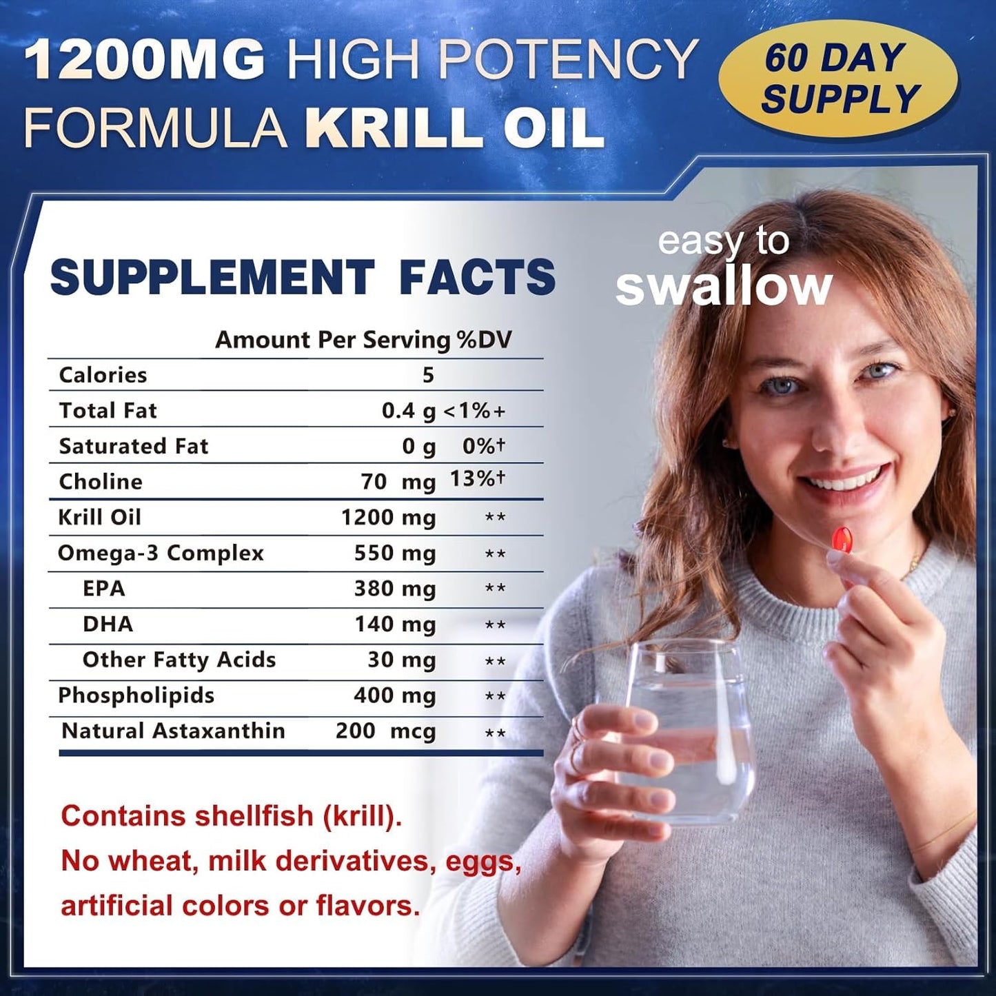 ZEBORA Krill Oil 1200 mg Omega-3 Supplement Softgels 120 Count