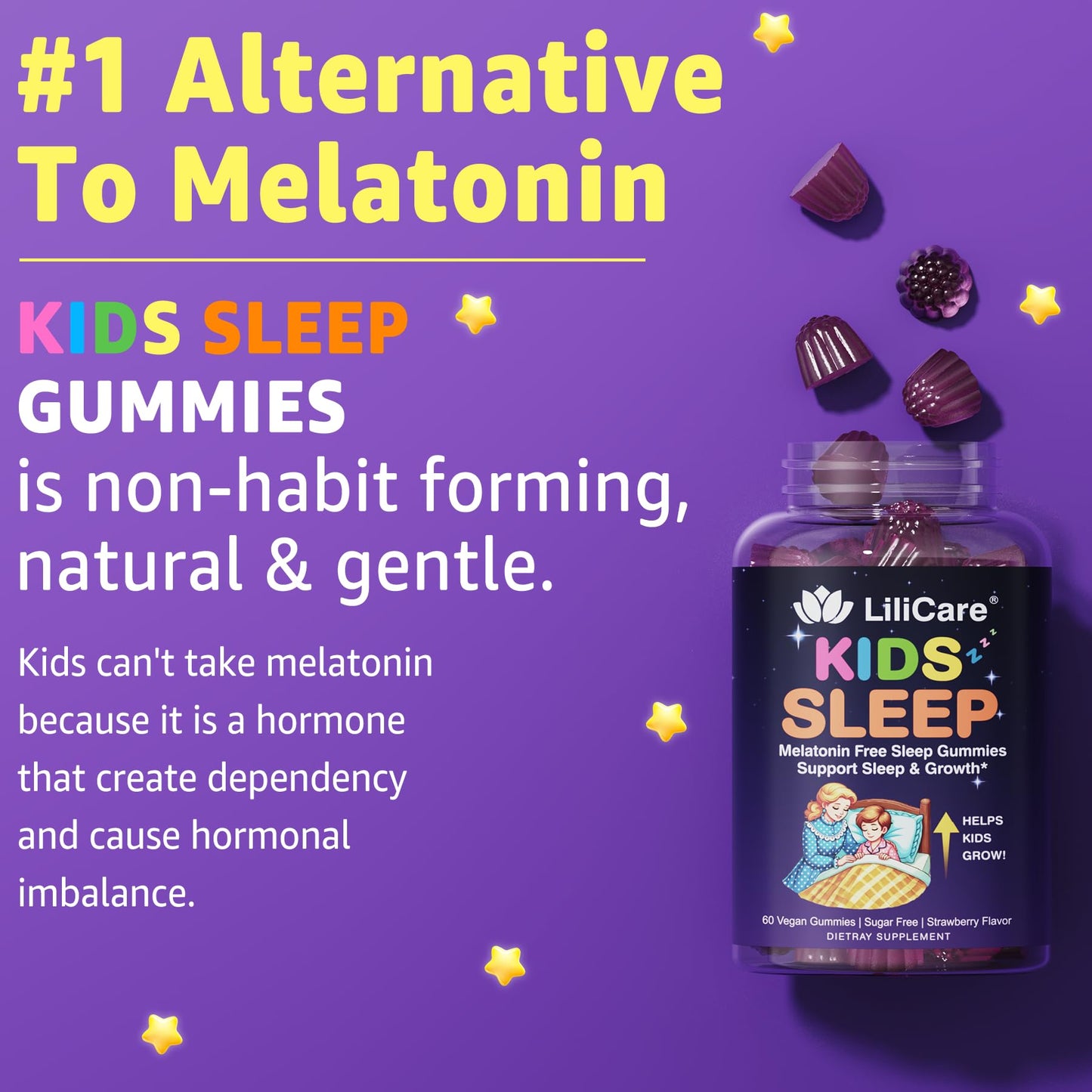 LILICARE Kids Sleep Gummies, Magnesium Glycinate Gummies, Melatonin-Free Sleep Aid with Magnesium, Calcium, D3, B6, L-Theanine, 60 Gummies