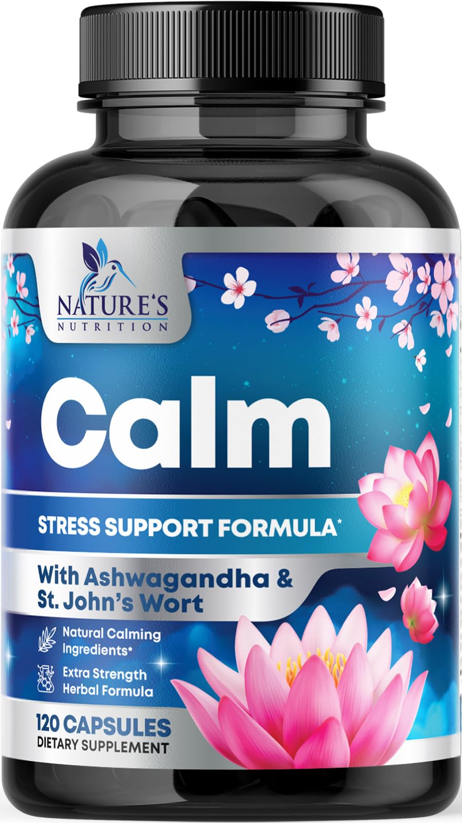 Nature's Nutrition Stress Support Supplement Extra Strength Ashwagandha, GABA, Magnesium, L-Theanine for Relief - Supports Mood & Focus - Naturally Calm, Unwind & Relax - Eases Tension & Nervousness 120 Capsules