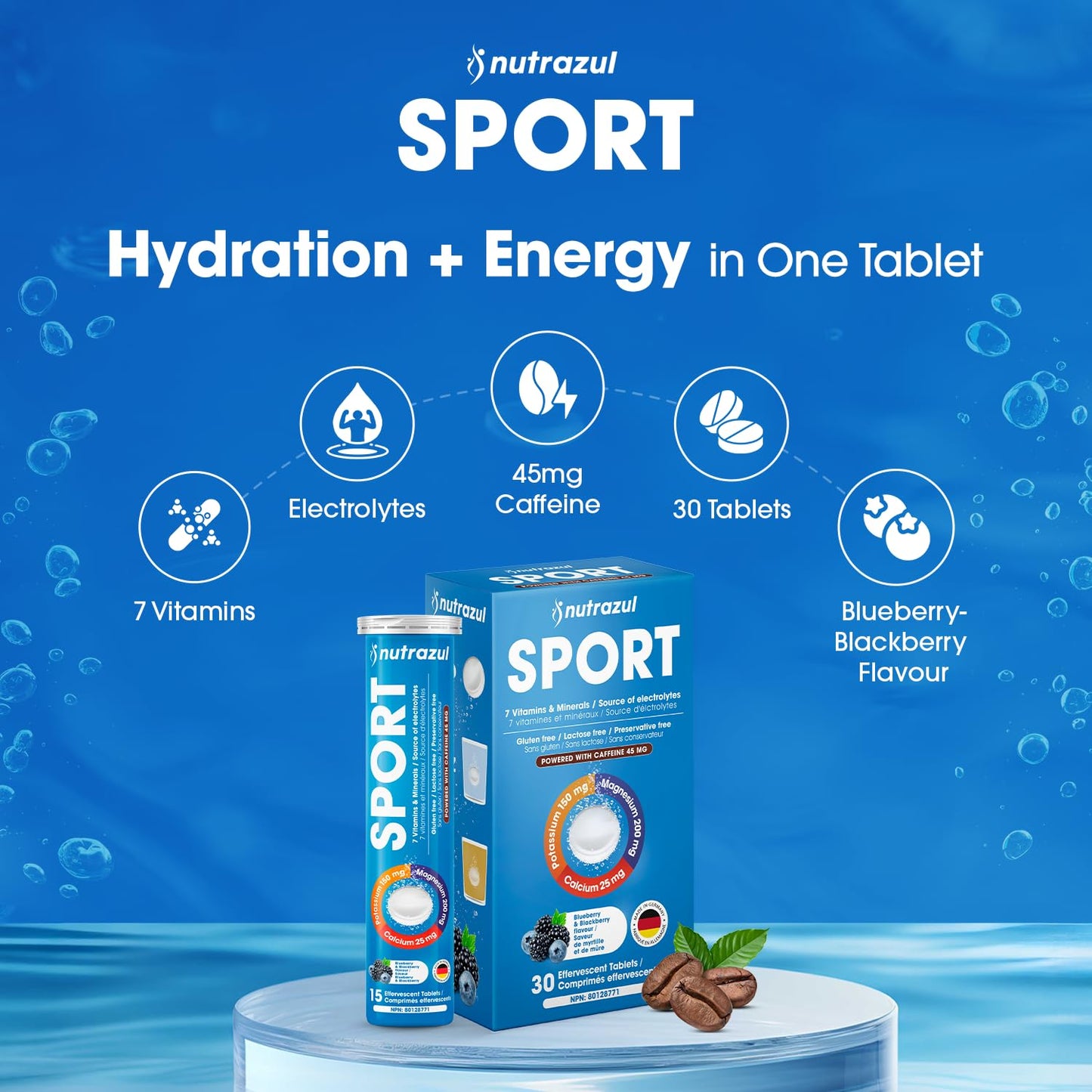 nutrazul Sports Effervescent Tablet, Electrolytes & 7 Vitamins & Minerals, Daily Hydration and Energy, 30 Count