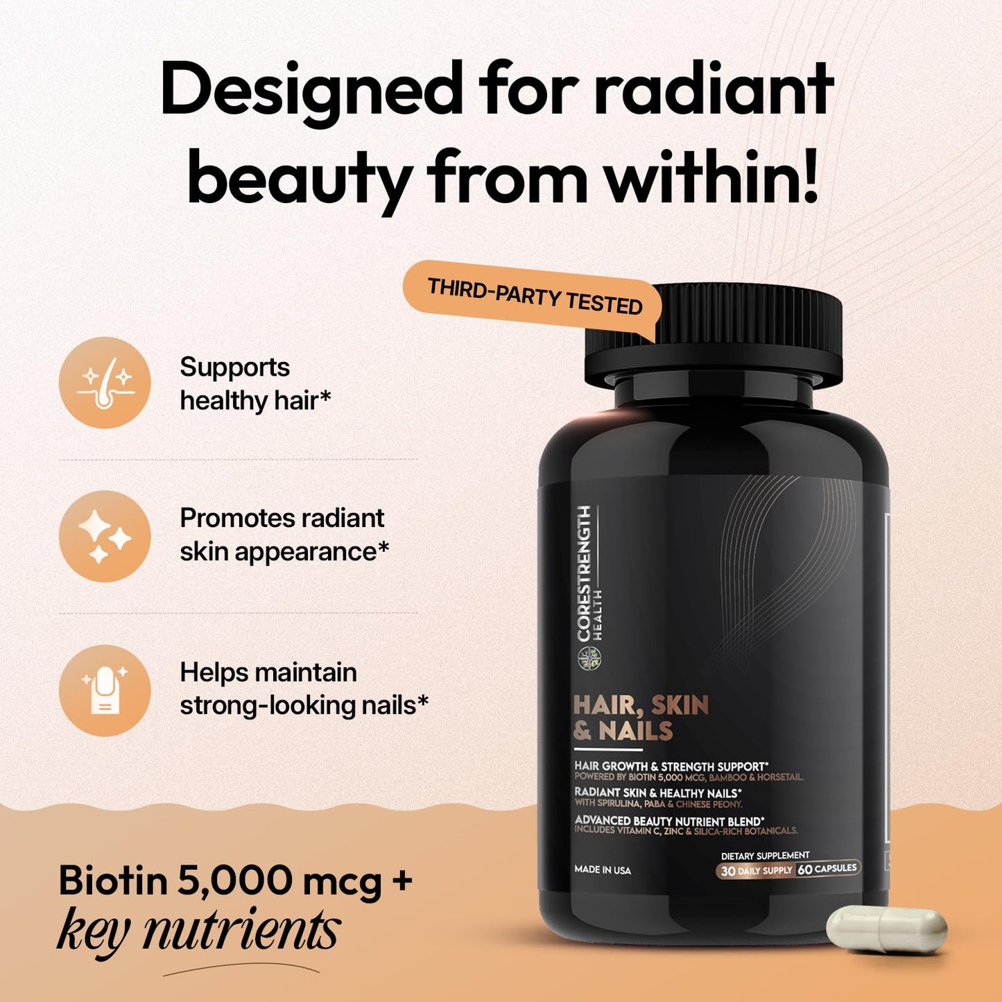 CoreStrength Health LLC Hair Skin and Nails Vitamins for Women & Men Biotin 5000mcg Capsules 60 Count