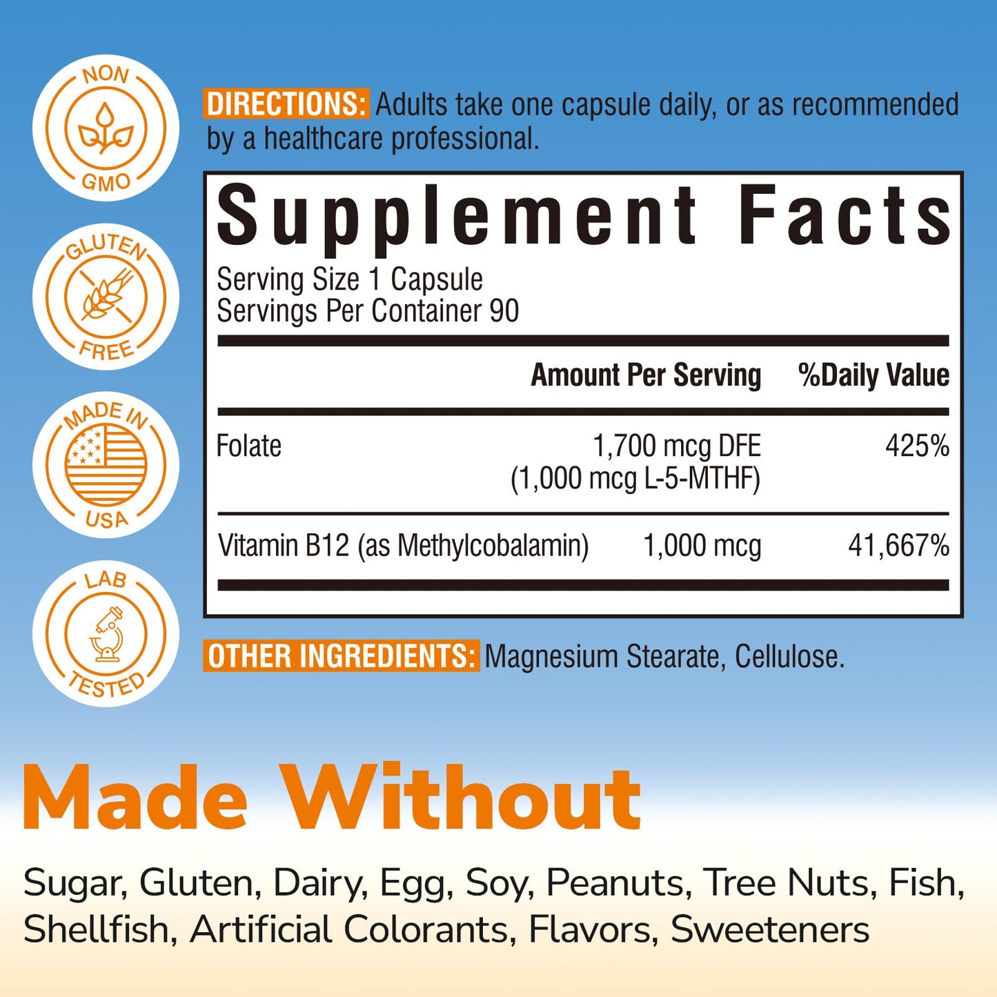 Vitalibre Methyl Folate 1000 mcg, L-5-MTHF with Methylcobalamin B12, Heart & Blood Health, Healthy Nervous System, Energy Support, Vegan, Bioactive Form, Best Absorption, 90 Capsules