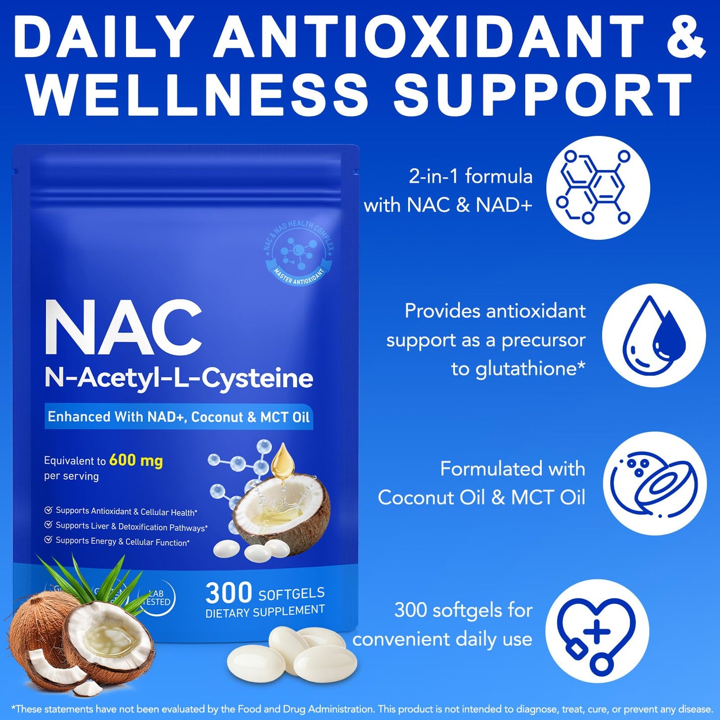Vawcrn NAC Softgel 600mg NAD+-Enhanced N-Acetyl Cysteine with Coconut & MCT Oil for Superior Absorption, Antioxidant, Liver Detox & Cellular Health, Non-GMO, Gluten-Free, 300 Softgels