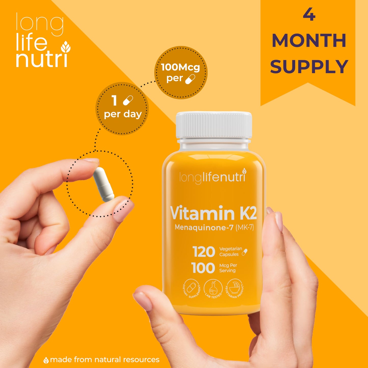 LongLifeNutri Vitamin K2 MK-7 100mcg Capsule, 120 Count
