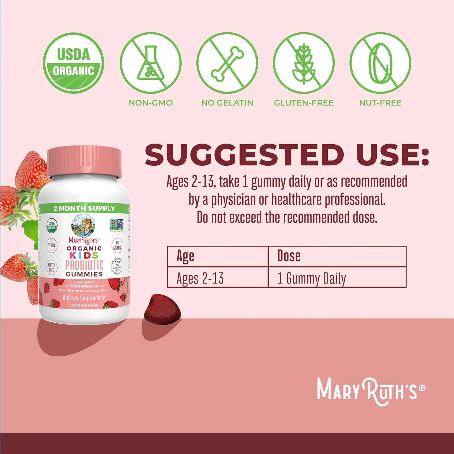 MaryRuth's Kids Probiotics for Digestive Health Gummy, 60 Count