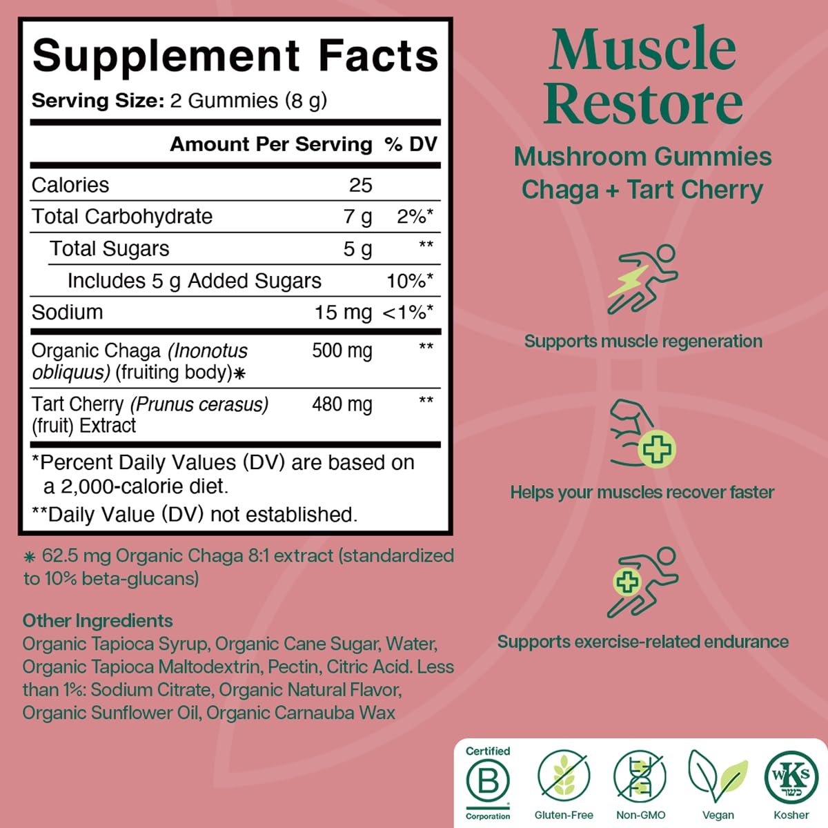 Charlotte's Web Muscle Restore Mushroom Gummies — Chaga & Tart Cherry, Dark Cherry Flavor, Vegan, Kosher, Non-GMO, 60 Count