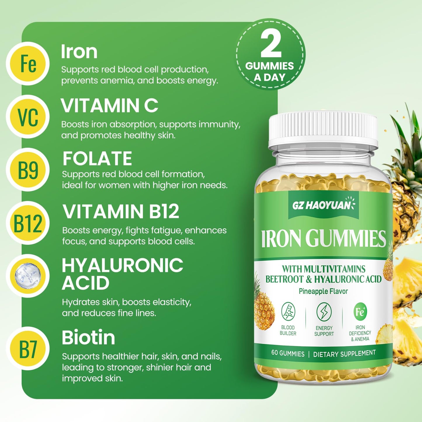 GZ HAOYUAN Iron Gummies with Multivitamin, 120 Gummies