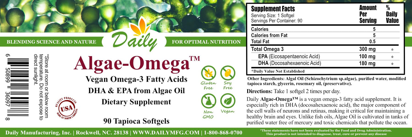Daily Manufacturing Algae-Omega Vegan Omega 3 Supplement Tapioca Softgel, 90 Softgels