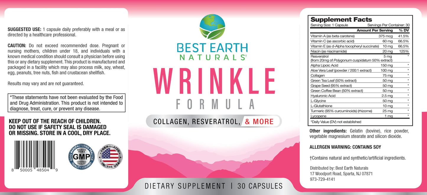 Best Earth Naturals Wrinkle Formula with Hyaluronic Acid, Niacinamide, Multivitamin, Collagen for Women or Men - Skin Vitamins Supplement Capsule 30 Count