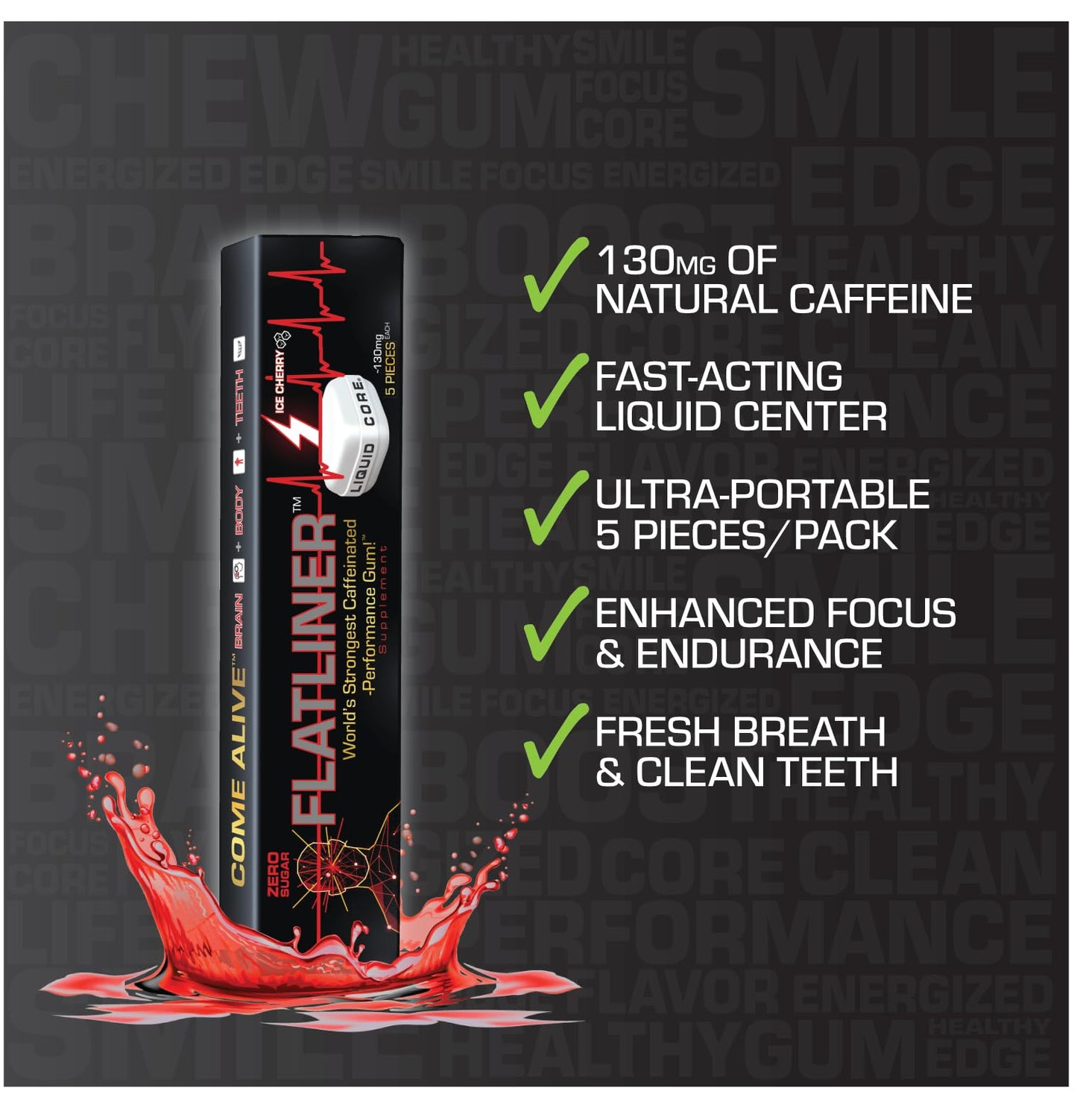 Liquid Core FLATLINER Caffeinated Gum Ice Cherry Energy Gum, 25 Pieces