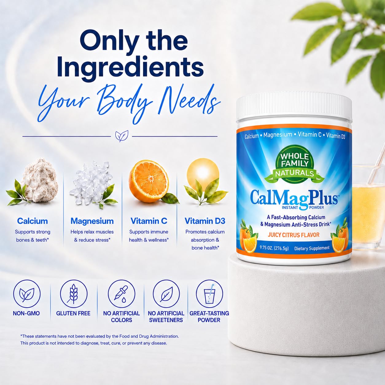 Whole Family Naturals CalMag Plus Calcium Magnesium Powder for Sleep & Calm Orange Flavor, 9.75 Ounce
