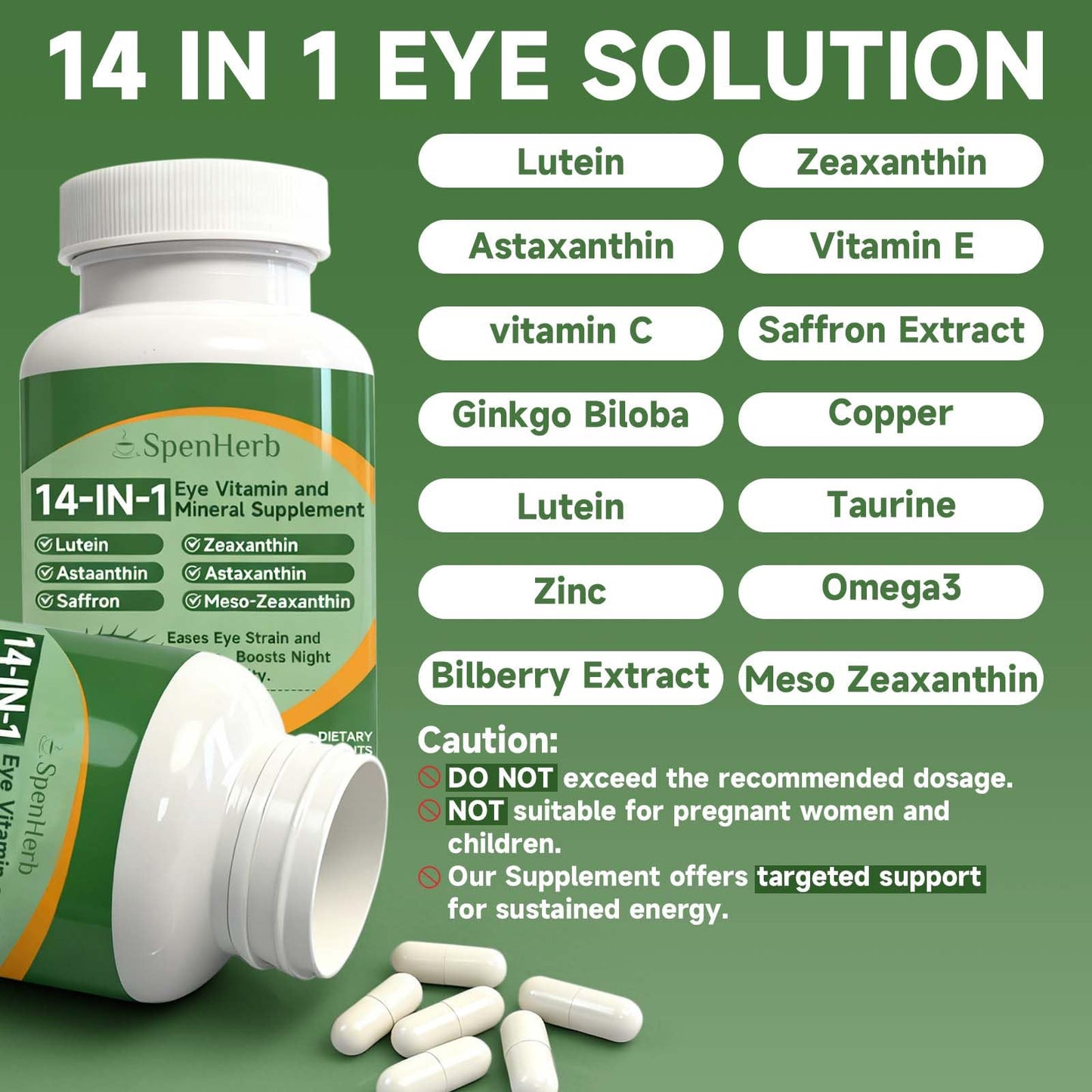 SpenHerb Eye Vitamin and Mineral Supplement 14 in 1 Advanced Eye Formula Vision Support with Lutein and Zeaxanthin Vitamin C E Zinc Copper, Eye Health Supplements for Adults, Capsules, 60 Count