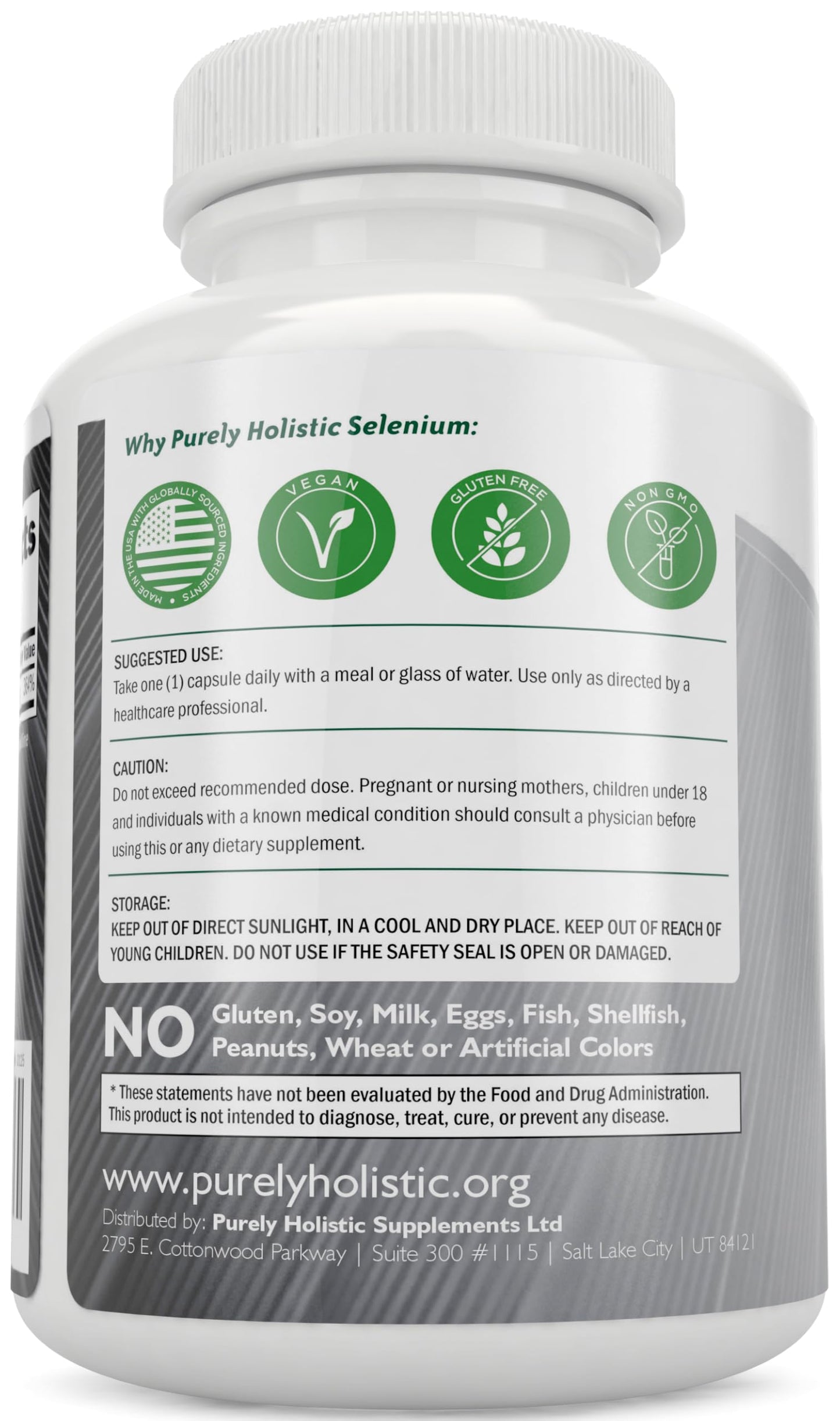 Purely Holistic Selenium 200mcg Vegan Capsules - L-Selenomethionine, Antioxidant Trace Mineral, Made in USA, 365 Capsules
