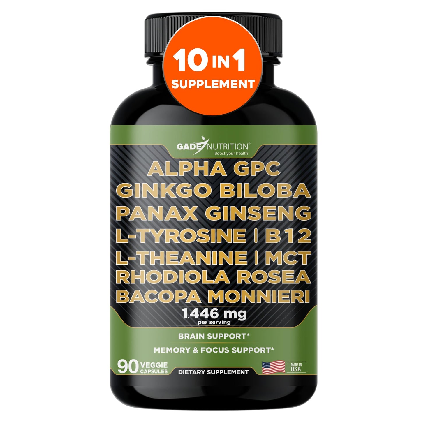 GADE NUTRITION Alpha GPC + Ginkgo Biloba + Panax Ginseng + L-Tyrosine, L-Theanine, Bacopa Monnieri, Rhodiola Rosea, B12, MCT, 90 Capsules