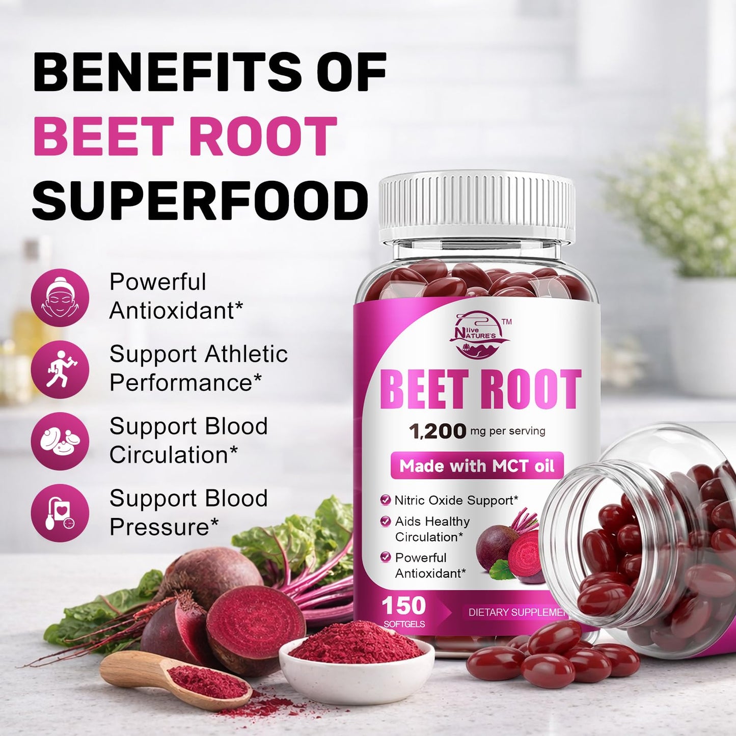 Nature's live Beet Root Supplement with MCT Oil Softgel 150 Count