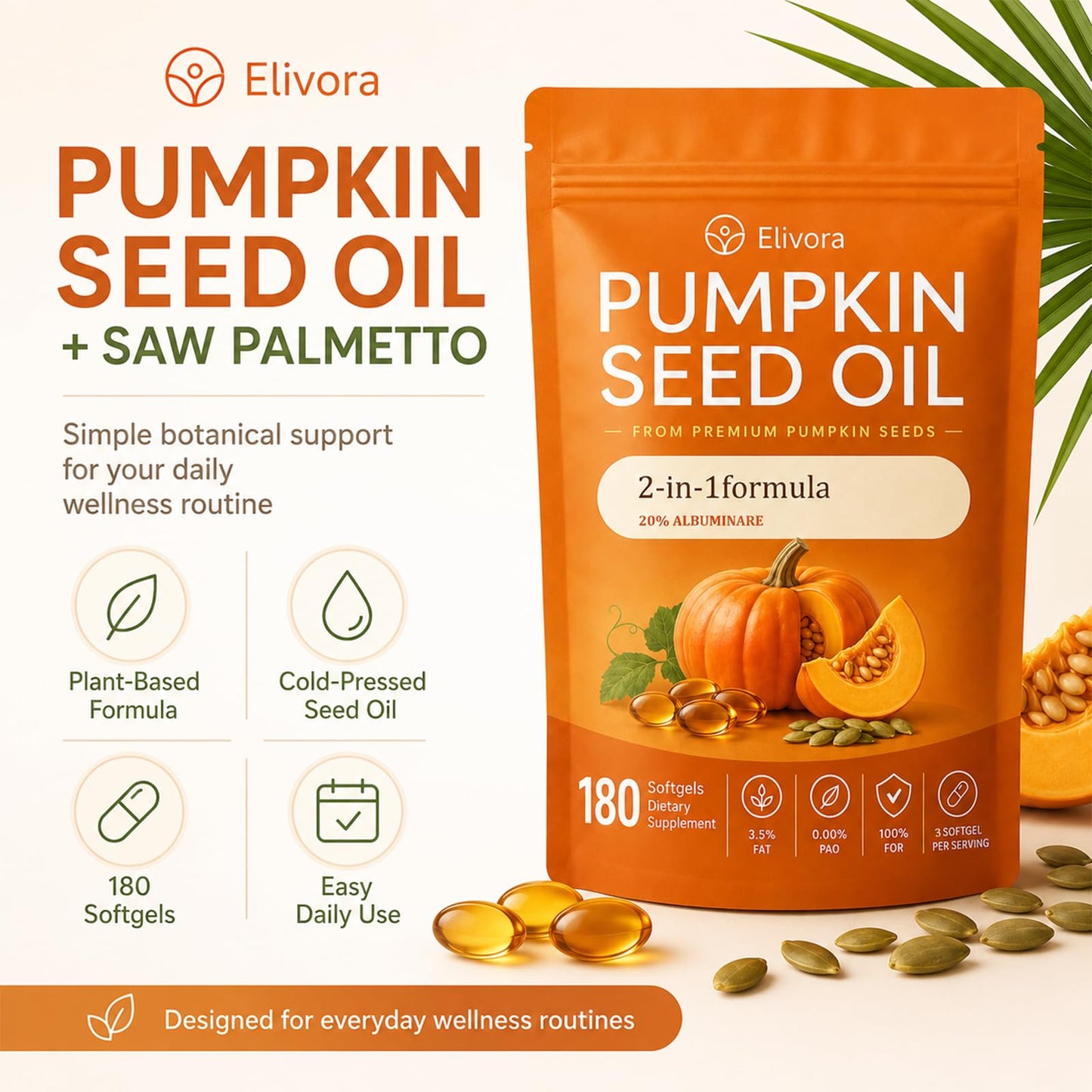 Golden Dunes Elivora Pumpkin Seed Oil Softgels with Saw Palmetto, 180 Softgels