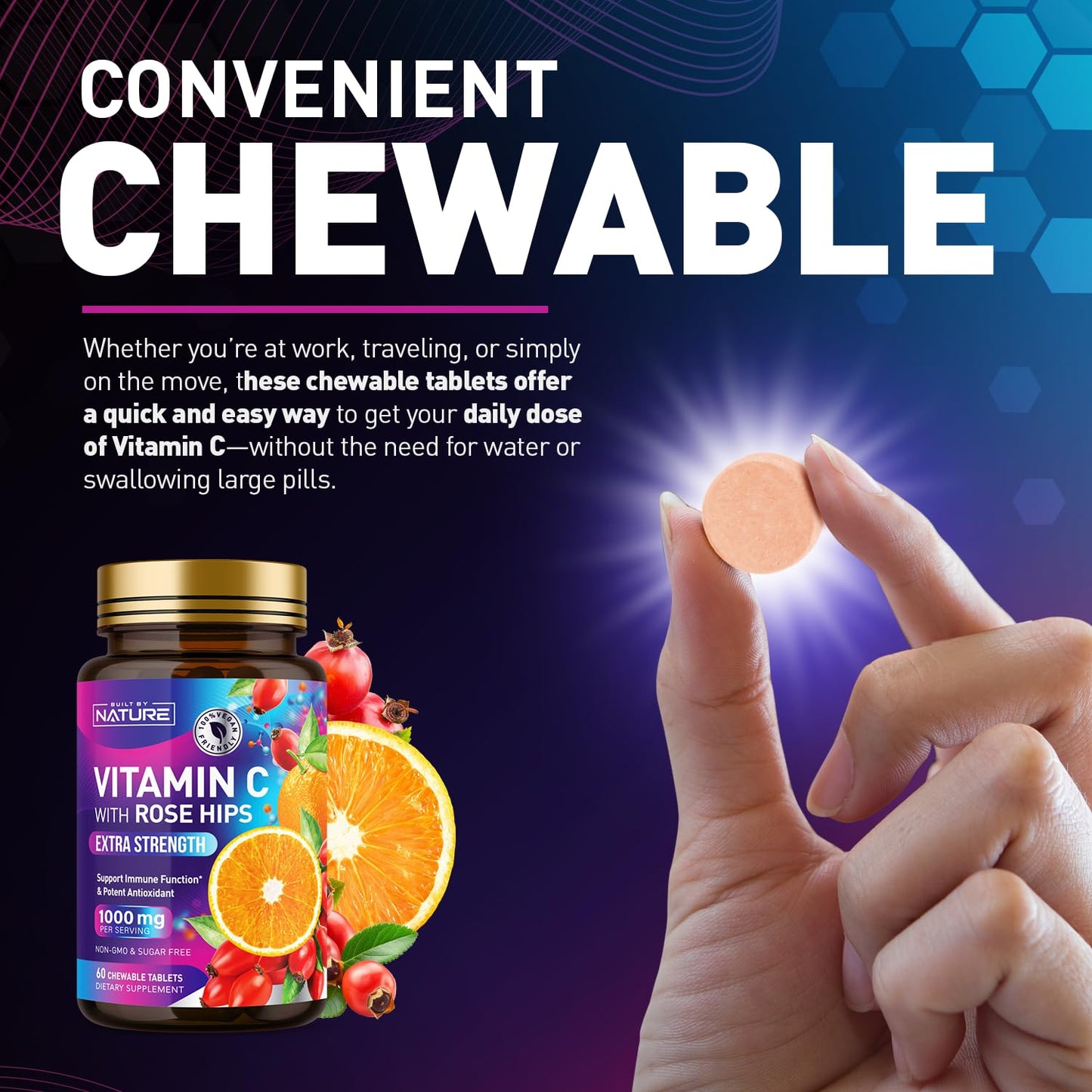 Built by Nature Chewable Vitamin C with Rose HIPS, 60 Tablets