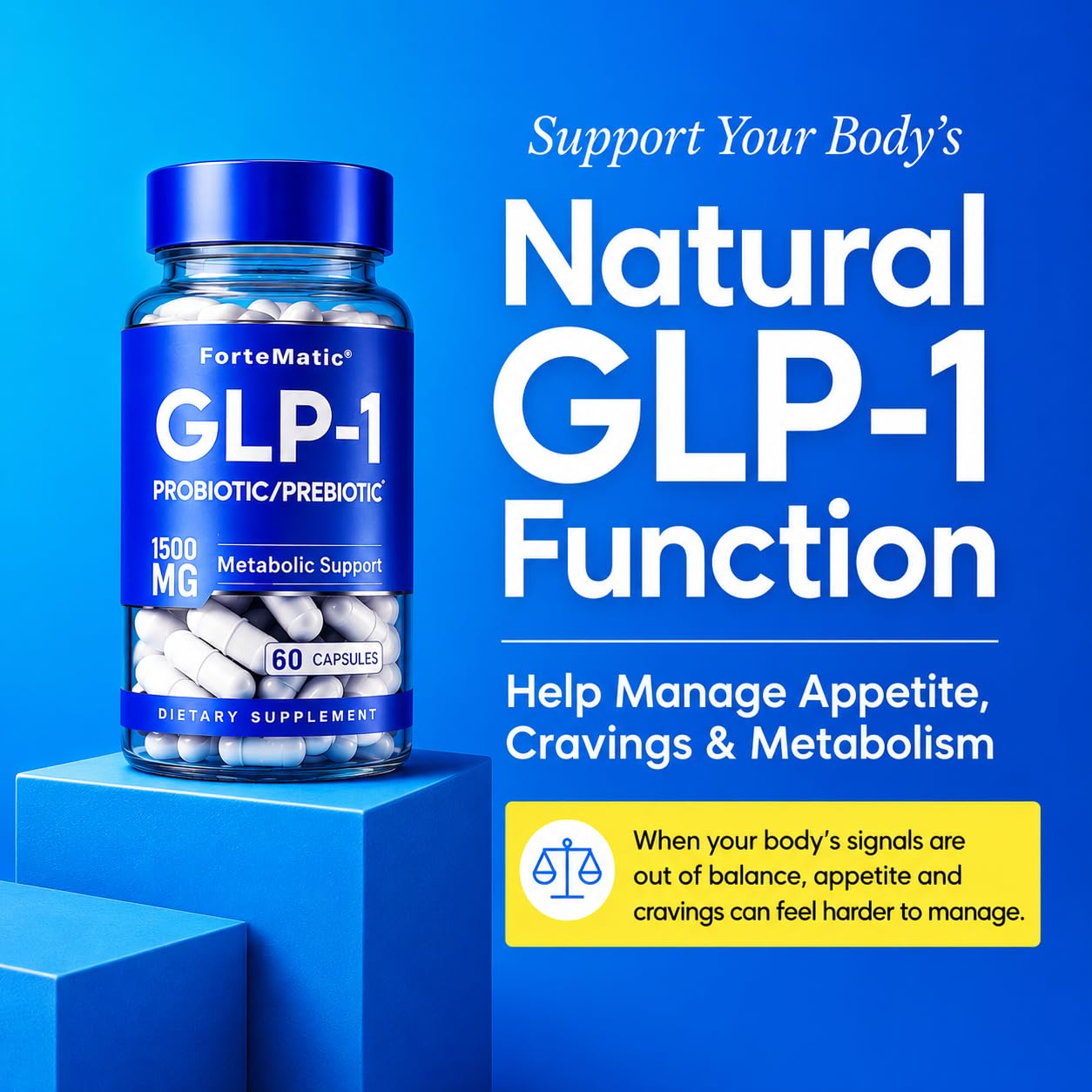 Fortematic GLP-1 Support Supplement for Weight Management, Appetite Suppressant & Metabolism Support, Probiotic & Prebiotic Blend for Gut Health, 60 Capsules