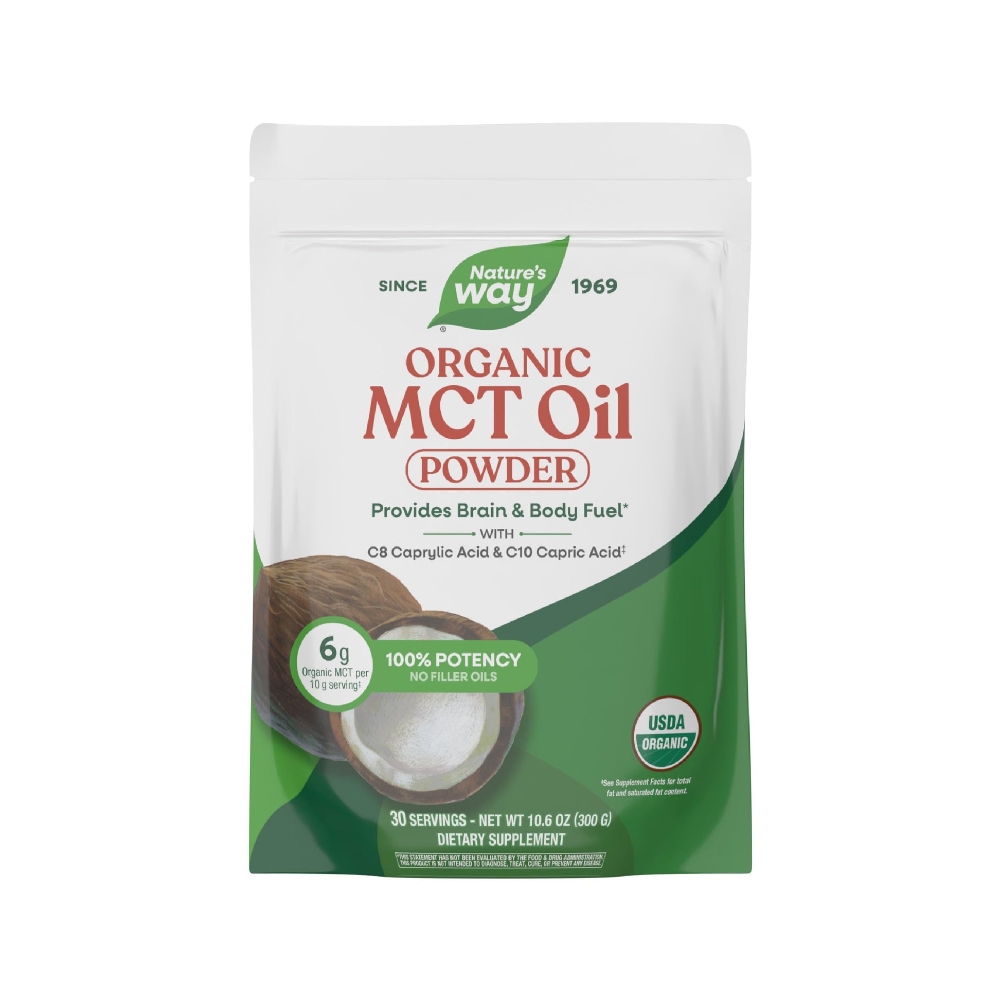 Nature's Way Organic MCT Oil Powder, C8 Caprylic Acid & C10 Capric Acid, Brain & Body Fuel*, Odorless & Flavorless Powder, No Filler Oils, 30 Servings, 10.6 oz