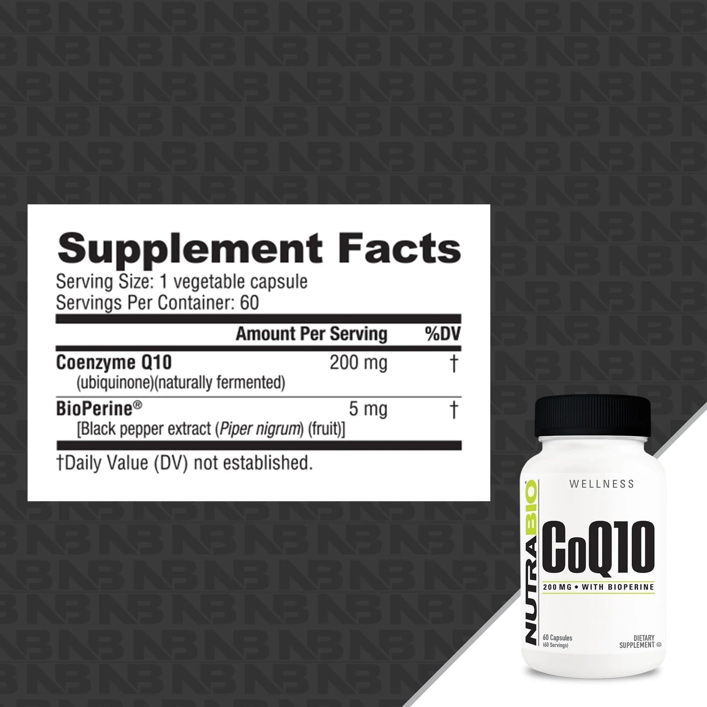 NutraBio CoQ10 Dietary Supplement with Bioperine 200mg Capsule, 60 Capsules