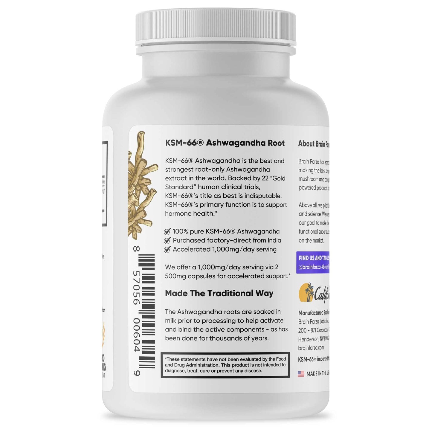 Brain Forza KSM-66 Ashwagandha Organic Pure Root Extract 1000mg Capsules 90 Count