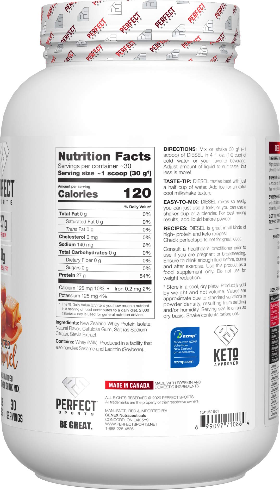 PERFECT SPORTS Diesel 100% New Zealand Whey Isolate Powder, Grass-Fed & Pasture Raised, Salted Caramel, 32 Servings